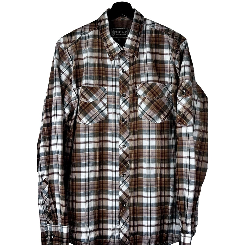 Outback Trading Co Beau Shirt Plaid Waffle Lined Button Up Brown Mens MD